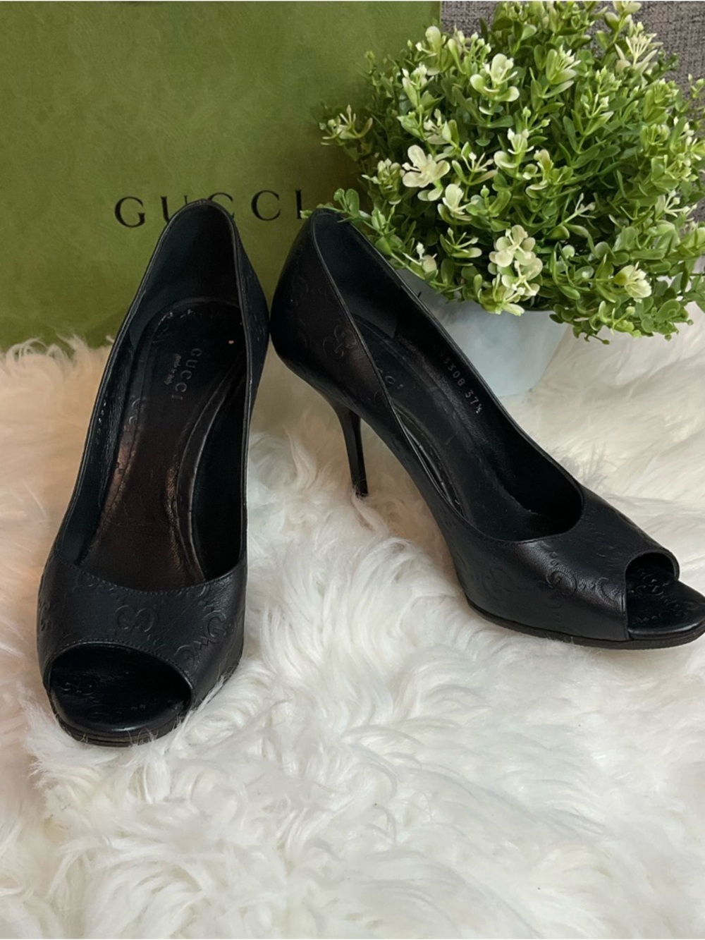 Gucci Black Guccissima Peep-Toe Heels - Picture 13 of 13